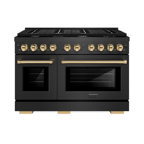 ZLINE Autograph Edition 48 in. 6.7 cu. ft. Paramount Double Oven Gas Range with 8 Burner Cooktop in Black Satin Stainless Steel and Polished Gold Accents (SGRBSZ-48-G)
