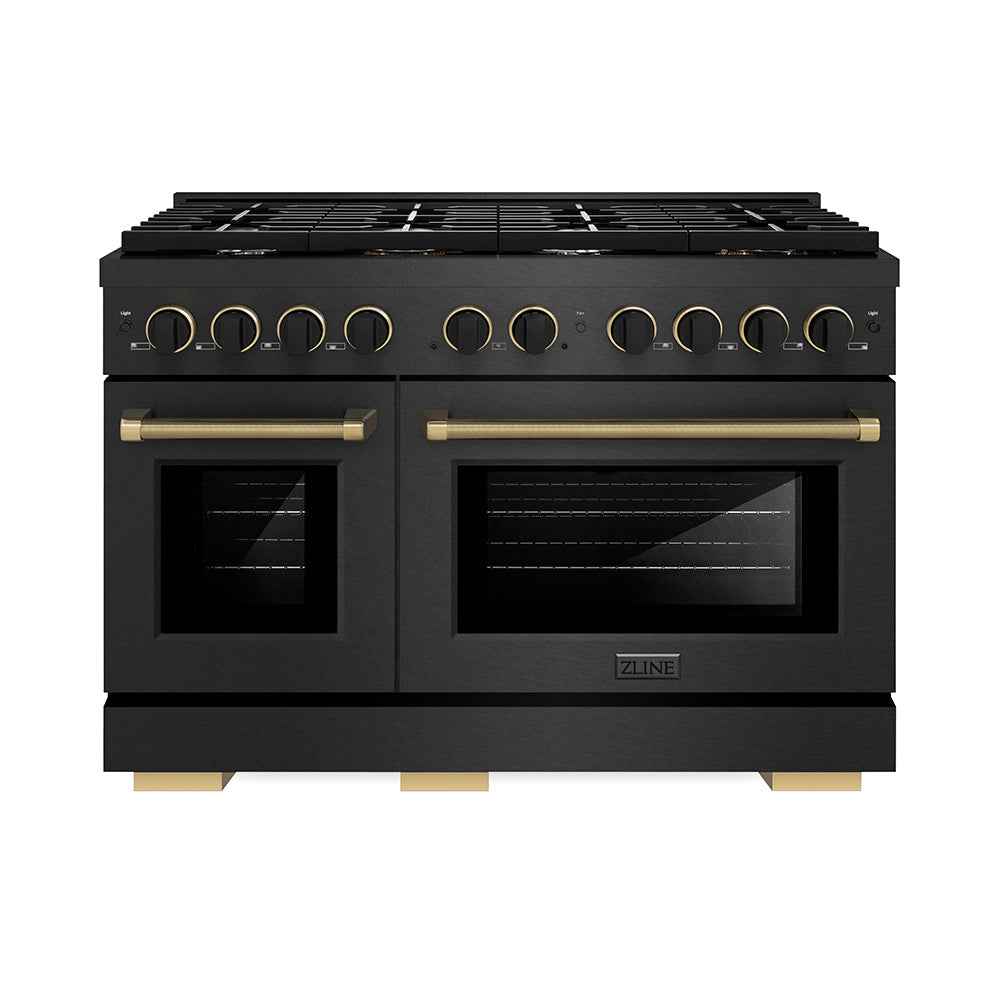 ZLINE Designer Collection 48 in. 6.7 cu. ft. Paramount Double Oven Gas Range with 8 Burner Cooktop in Black Satin Stainless Steel with Matte Black and Champagne Bronze Accents (SGRBSZ-48-MBCB)