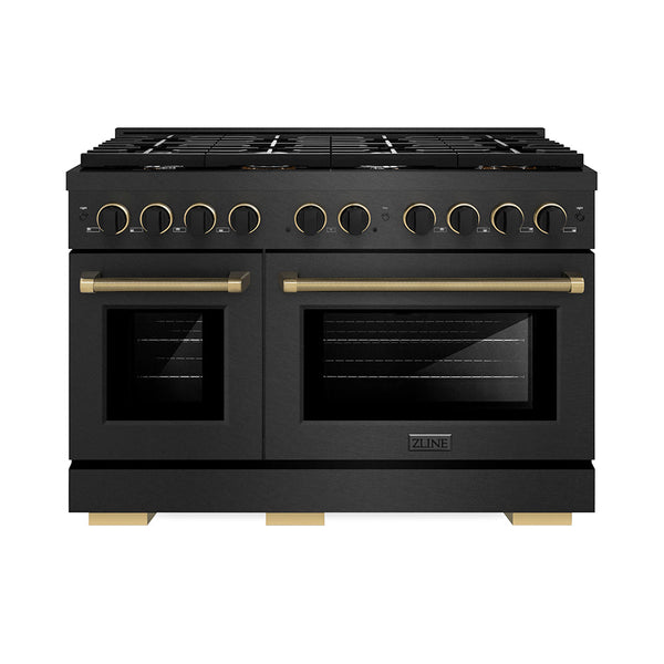 ZLINE Designer Collection 48 in. 6.7 cu. ft. Paramount Double Oven Gas Range with 8 Burner Cooktop in Black Satin Stainless Steel with Matte Black and Champagne Bronze Accents (SGRBSZ-48-MBCB)
