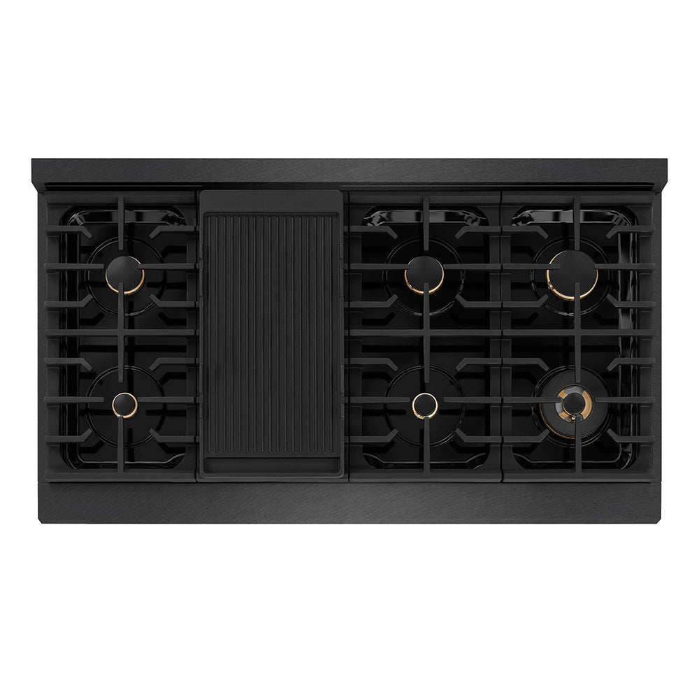 ZLINE Designer Collection 48 in. 6.7 cu. ft. Paramount Double Oven Gas Range with 8 Burner Cooktop in Black Satin Stainless Steel with Matte Black and Champagne Bronze Accents (SGRBSZ-48-MBCB)