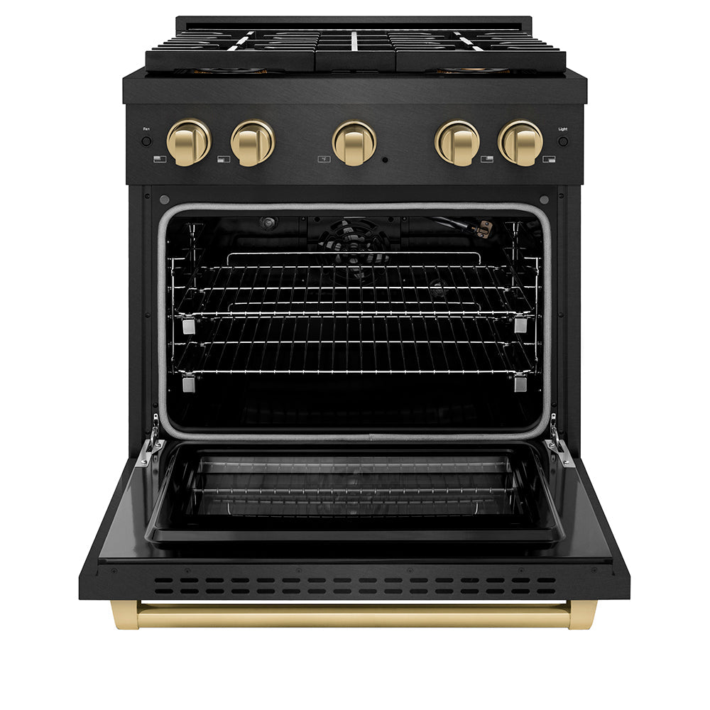 ZLINE Autograph Edition 30 in. 4.2 cu. ft. Paramount Gas Range with 4 Burner DuoPro™ Cooktop and Convection Gas Oven in Black Satin Stainless Steel and Champagne Bronze Accents (PSGRBSZ-30-CB)