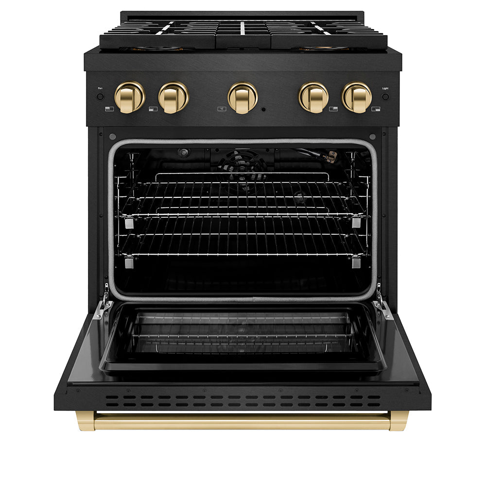ZLINE Autograph Edition 30 in. 4.2 cu. ft. Paramount Gas Range with 4 Burner DuoPro™ Cooktop and Convection Gas Oven in Black Satin Stainless Steel and Polished Gold Accents (PSGRBSZ-30-G)
