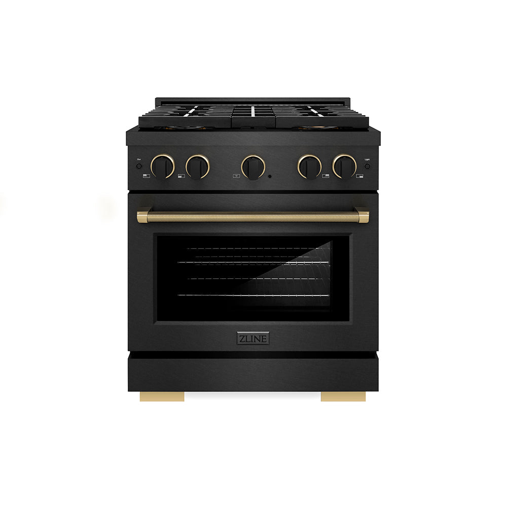 ZLINE Designer Collection 30 in. 4.2 cu. ft. Paramount Gas Range with 4 Burner DuoPro™ Cooktop and Convection Gas Oven in Black Satin Stainless Steel with Matte Black and Champagne Bronze Accents (PSGRBSZ-30-MBCB)