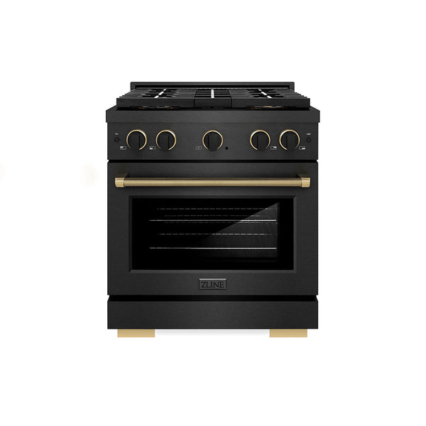 ZLINE Designer Collection 30 in. 4.2 cu. ft. Paramount Gas Range with 4 Burner DuoPro™ Cooktop and Convection Gas Oven in Black Satin Stainless Steel with Matte Black and Champagne Bronze Accents (PSGRBSZ-30-MBCB)