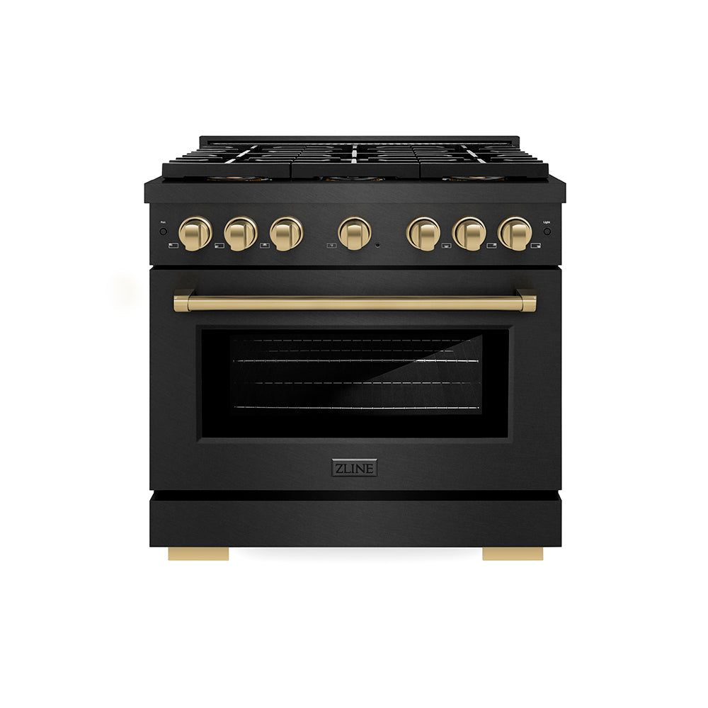 ZLINE Autograph Edition 36 in. 5.2 cu. ft. Paramount Gas Range with 6 Burner DuoPro™ Cooktop and Convection Gas Oven in Black Satin Stainless Steel and Champagne Bronze Accents (PSGRBSZ-36-CB)