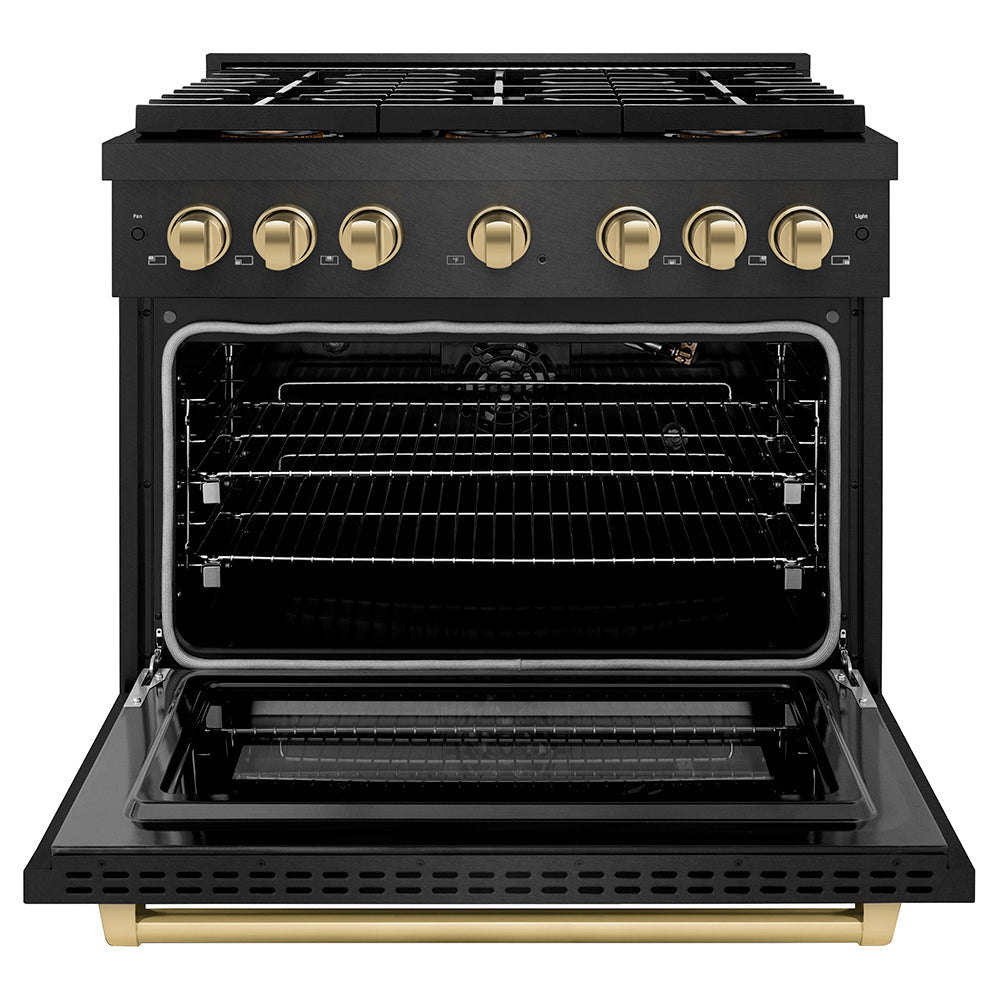 ZLINE Autograph Edition 36 in. 5.2 cu. ft. Paramount Gas Range with 6 Burner DuoPro™ Cooktop and Convection Gas Oven in Black Satin Stainless Steel and Champagne Bronze Accents (PSGRBSZ-36-CB)