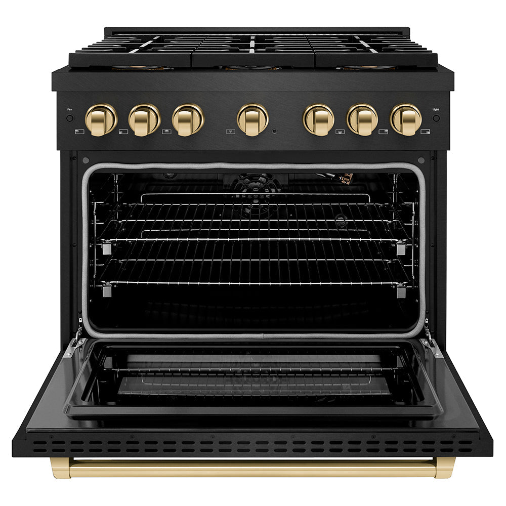 ZLINE Autograph Edition 36 in. 5.2 cu. ft. Paramount Gas Range with 6 Burner DuoPro™ Cooktop and Convection Gas Oven in Black Satin Stainless Steel and Polished Gold Accents (PSGRBSZ-36-G)