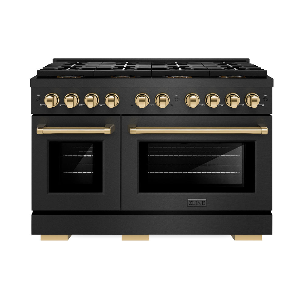 ZLINE Autograph Edition 48 in. 6.7 cu. ft. Paramount Gas Range with 8 Burner DuoPro™ Cooktop and Dual Ovens in Black Satin Stainless Steel and Polished Gold Accents (PSGRBSZ-48-G)