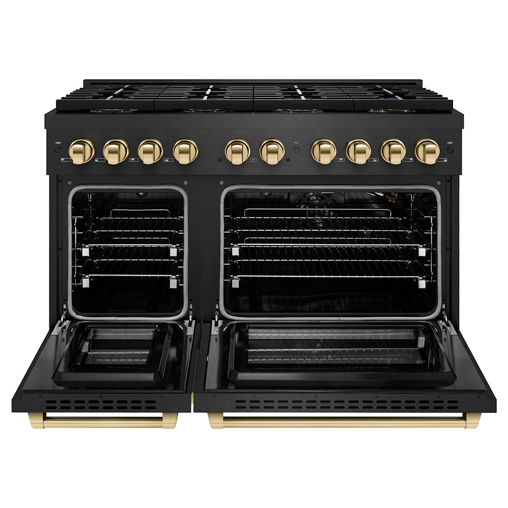 ZLINE Autograph Edition 48 in. 6.7 cu. ft. Paramount Gas Range with 8 Burner DuoPro™ Cooktop and Dual Ovens in Black Satin Stainless Steel and Polished Gold Accents (PSGRBSZ-48-G)