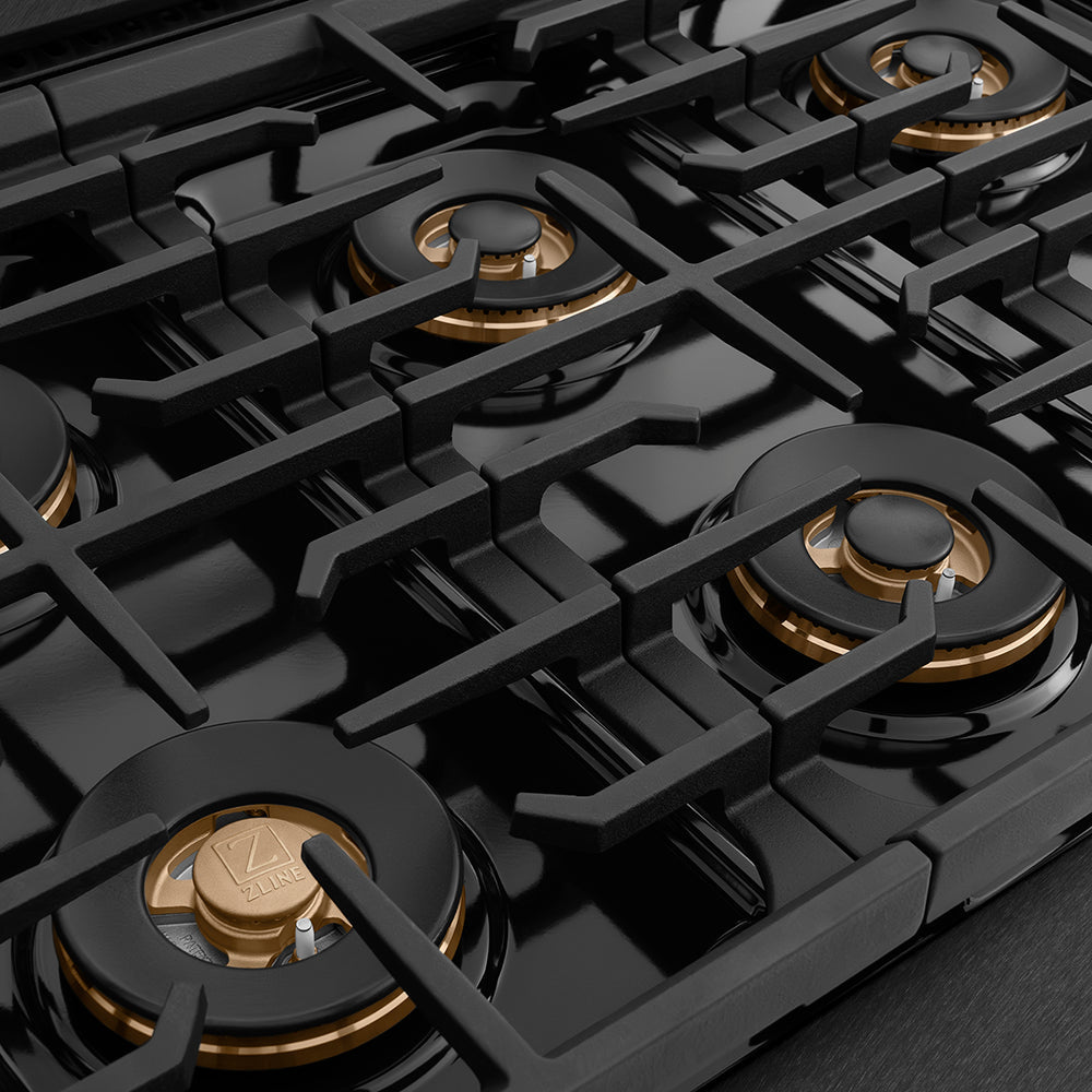 ZLINE Designer Collection 48 in. 6.7 cu. ft. Paramount Gas Range with 8 Burner DuoPro™ Cooktop and Dual Ovens in Black Satin Stainless Steel with Matte Black and Champagne Bronze Accents (PSGRBSZ-48-MBCB)