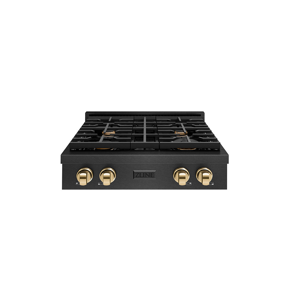 ZLINE Autograph Edition 30 in. Paramount Gas Rangetop with 4 Burners and Porcelain Cooktop in Black Satin Stainless Steel with Polished Gold Accents (SRTBSZ-30-G)