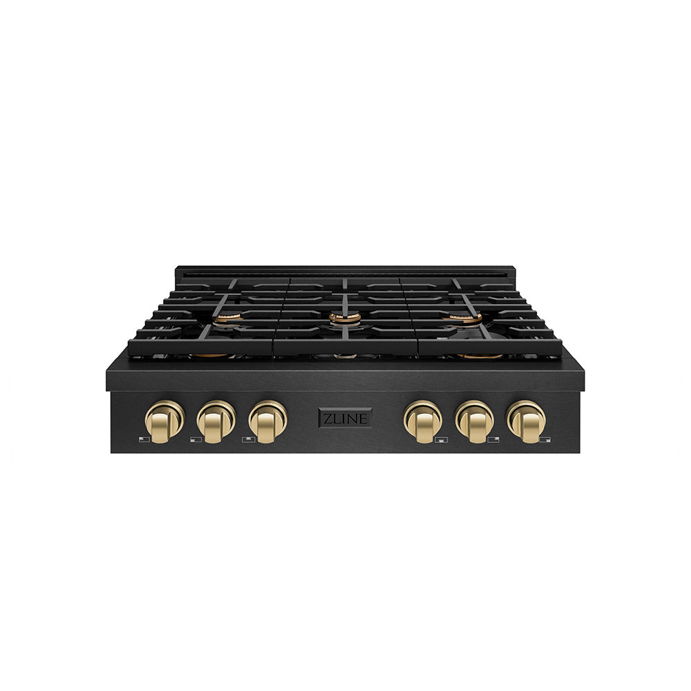 ZLINE Autograph Edition 36 in. Paramount Gas Rangetop with 6 Burners and Porcelain Cooktop in Black Satin Stainless Steel with Champagne Bronze Accents (SRTBSZ-36-CB)