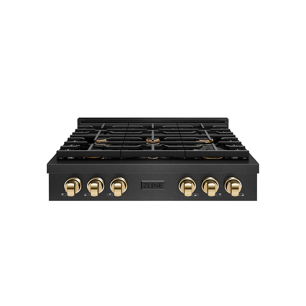 ZLINE Autograph Edition 36 in. Paramount Gas Rangetop with 6 Burners and Porcelain Cooktop in Black Satin Stainless Steel with Polished Gold Accents (SRTBSZ-36-G)