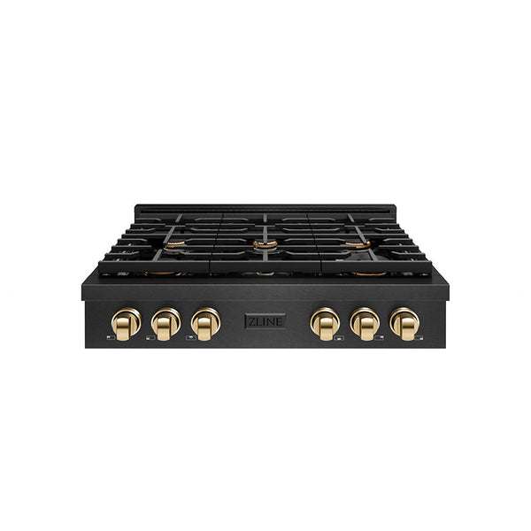 ZLINE Autograph Edition 36 in. Paramount Gas Rangetop with 6 Burners and Porcelain Cooktop in Black Satin Stainless Steel with Polished Gold Accents (SRTBSZ-36-G)