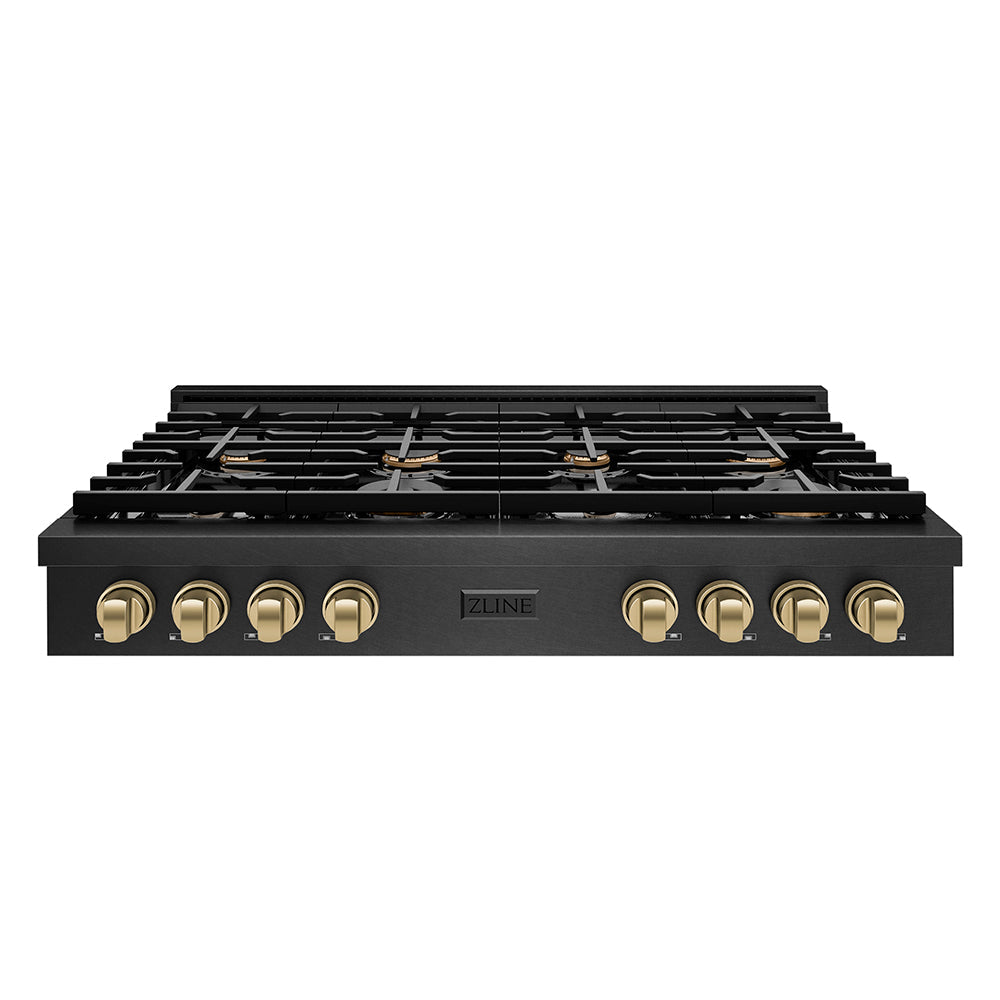 ZLINE Autograph Edition 48 in. Paramount Gas Rangetop with 8 Burners and Porcelain Cooktop in Black Satin Stainless Steel with Champagne Bronze Accents (SRTBSZ-48-CB)