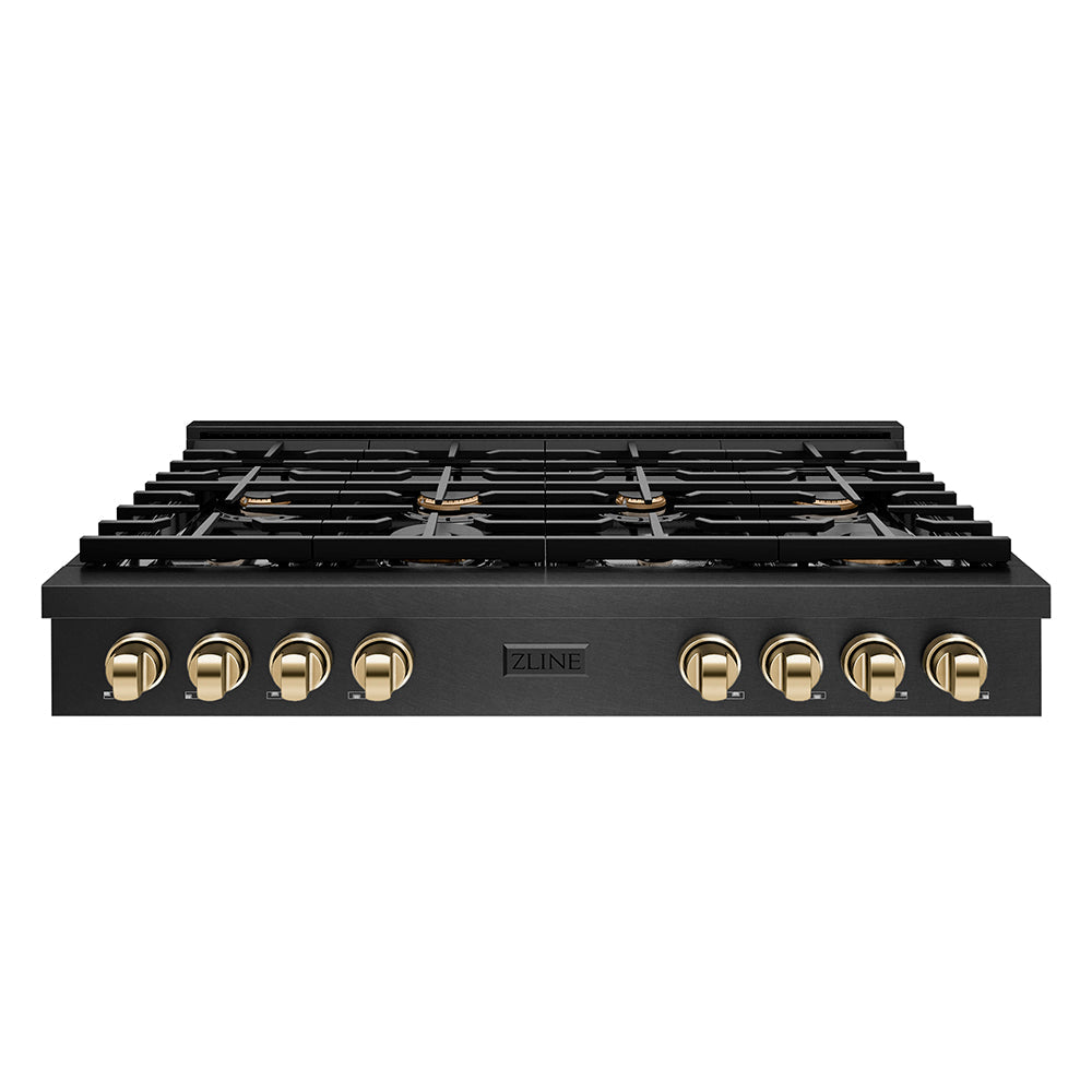 ZLINE Autograph Edition 48 in. Paramount Gas Rangetop with 8 Burners and Porcelain Cooktop in Black Satin Stainless Steel with Polished Gold Accents (SRTBSZ-48-G)