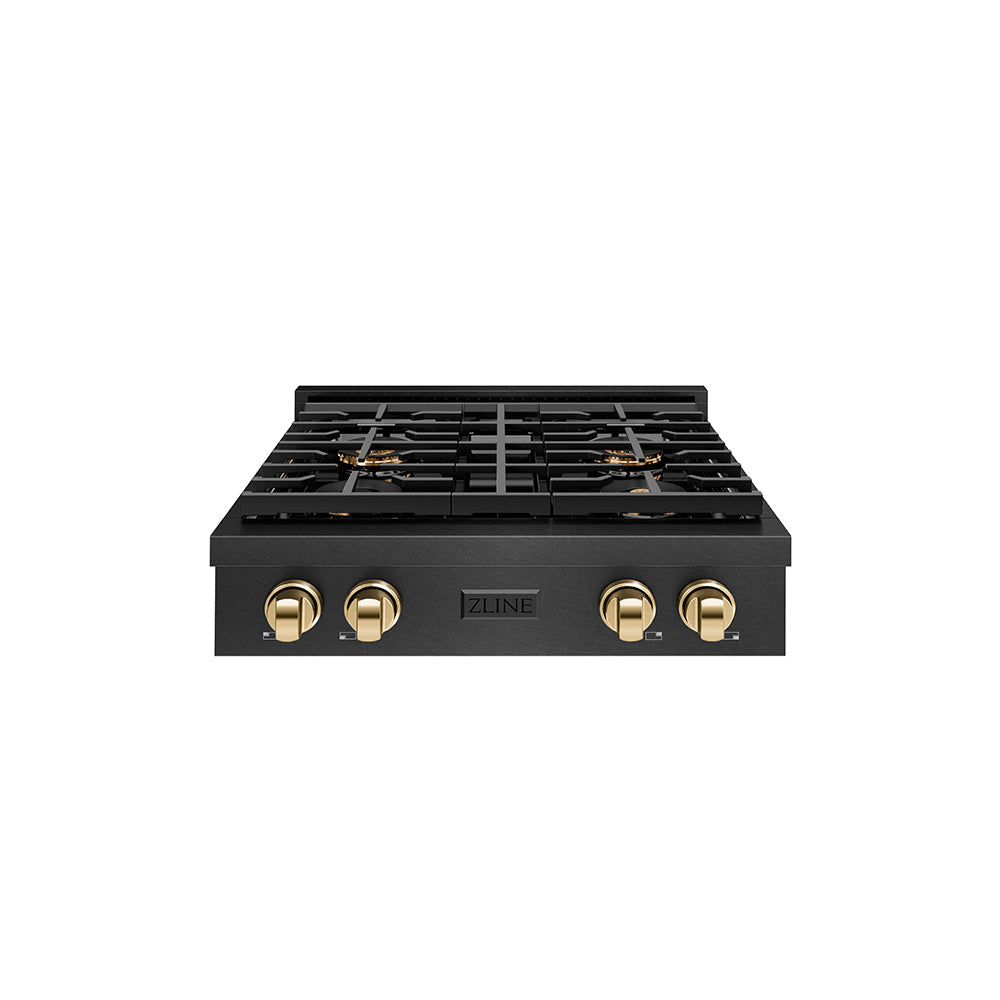 ZLINE Autograph Edition 30 in. Paramount Gas Rangetop with 4 Burner DuoPro™ Cooktop in Black Satin Stainless Steel and Polished Gold Accents (PSRTBSZ-30-G)