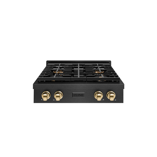 ZLINE Autograph Edition 30 in. Paramount Gas Rangetop with 4 Burner DuoPro™ Cooktop in Black Satin Stainless Steel and Polished Gold Accents (PSRTBSZ-30-G)