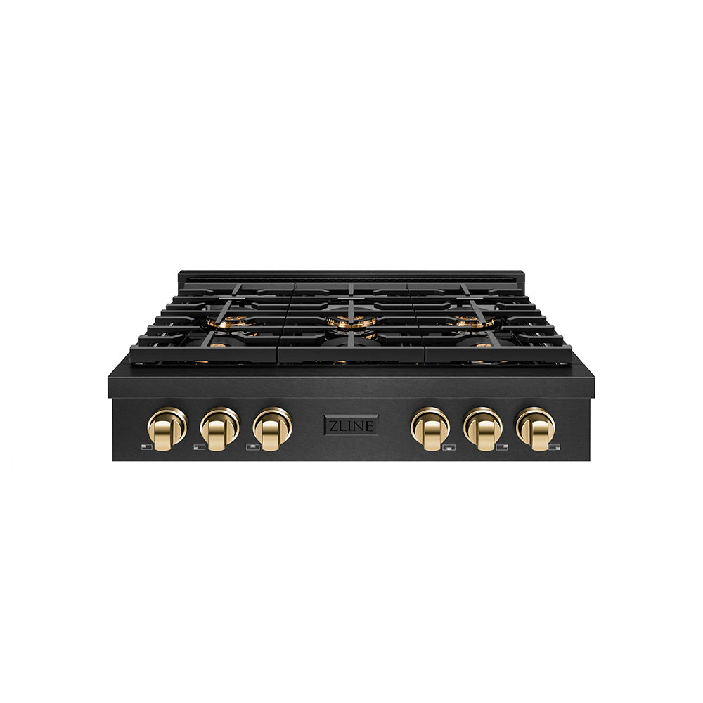 ZLINE Autograph Edition 36 in. Paramount Gas Rangetop with 6 Burner DuoPro™ Cooktop in Black Satin Stainless Steel and Polished Gold Accents (PSRTBSZ-36-G)