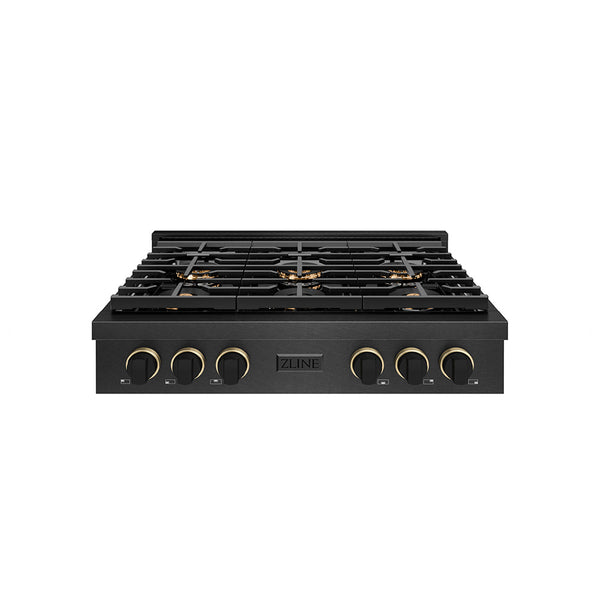 ZLINE Designer Collection 36 in. Paramount Gas Rangetop with 6 Burner DuoPro™ Cooktop in Black Satin Stainless Steel with Matte Black and Champagne Bronze Accents (PSRTBSZ-36-MBCB)