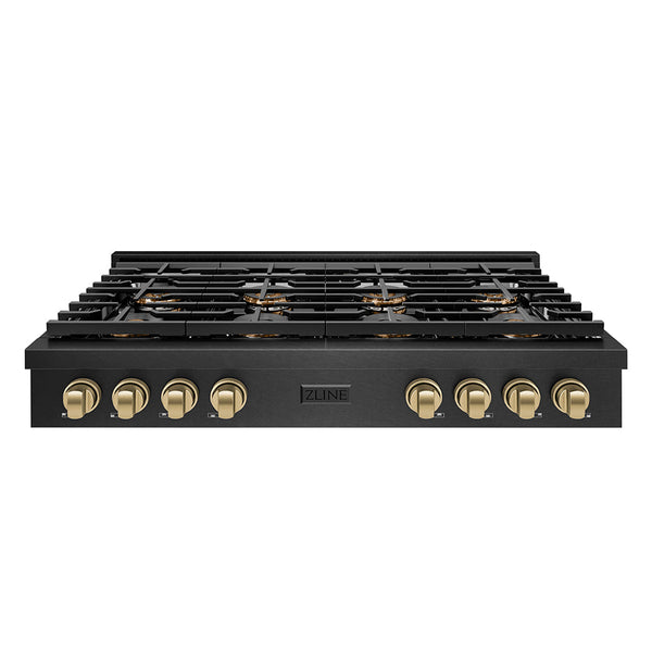 ZLINE Autograph Edition 48 in. Paramount Gas Rangetop with 8 Burner DuoPro™ Cooktop in Black Satin Stainless Steel and Polished Gold Accents (PSRTBSZ-48-G)
