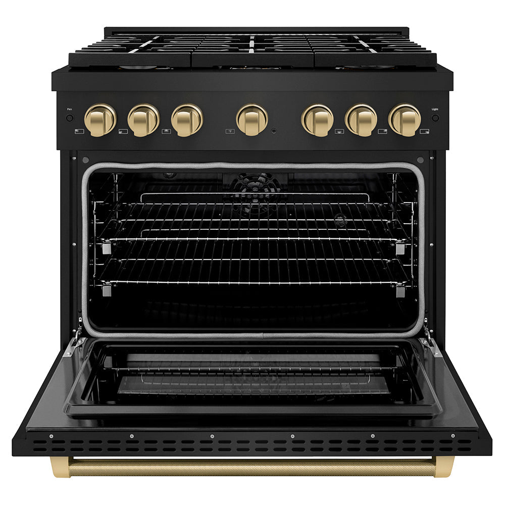 ZLINE Autograph Edition 36 in. 5.2 cu. ft. Paramount Dual Fuel Range with 6 Burner Gas Cooktop and Electric Convection Oven in Black Stainless Steel with Champagne Bronze Helix Handle and Knob Accents (SDRBZ-36-KCB)