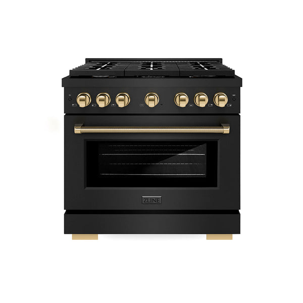 ZLINE Autograph Edition 36 in. 5.2 cu. ft. Paramount Dual Fuel Range with 6 Burner Gas Cooktop and Electric Convection Oven in Black Stainless Steel with Polished Gold Helix Handle and Knob Accents (SDRBZ-36-KG)