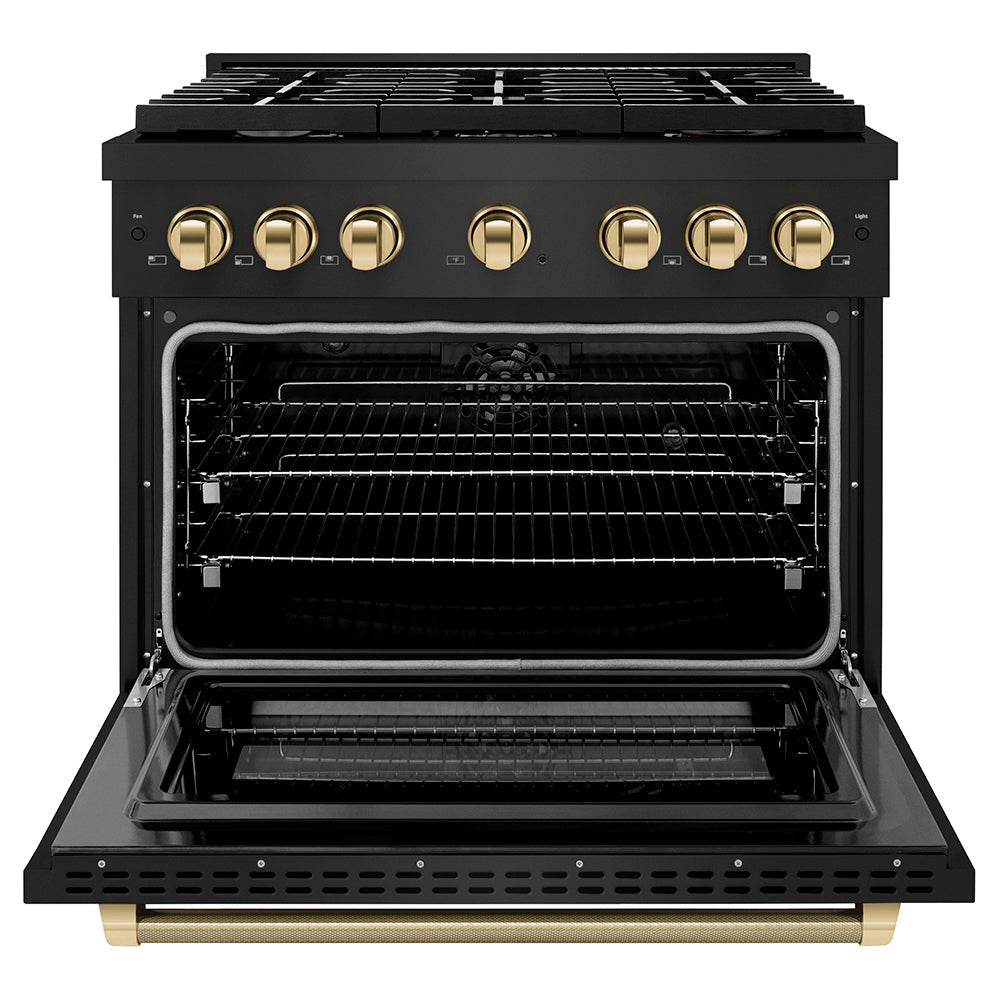 ZLINE Autograph Edition 36 in. 5.2 cu. ft. Paramount Dual Fuel Range with 6 Burner Gas Cooktop and Electric Convection Oven in Black Stainless Steel with Polished Gold Helix Handle and Knob Accents (SDRBZ-36-KG)