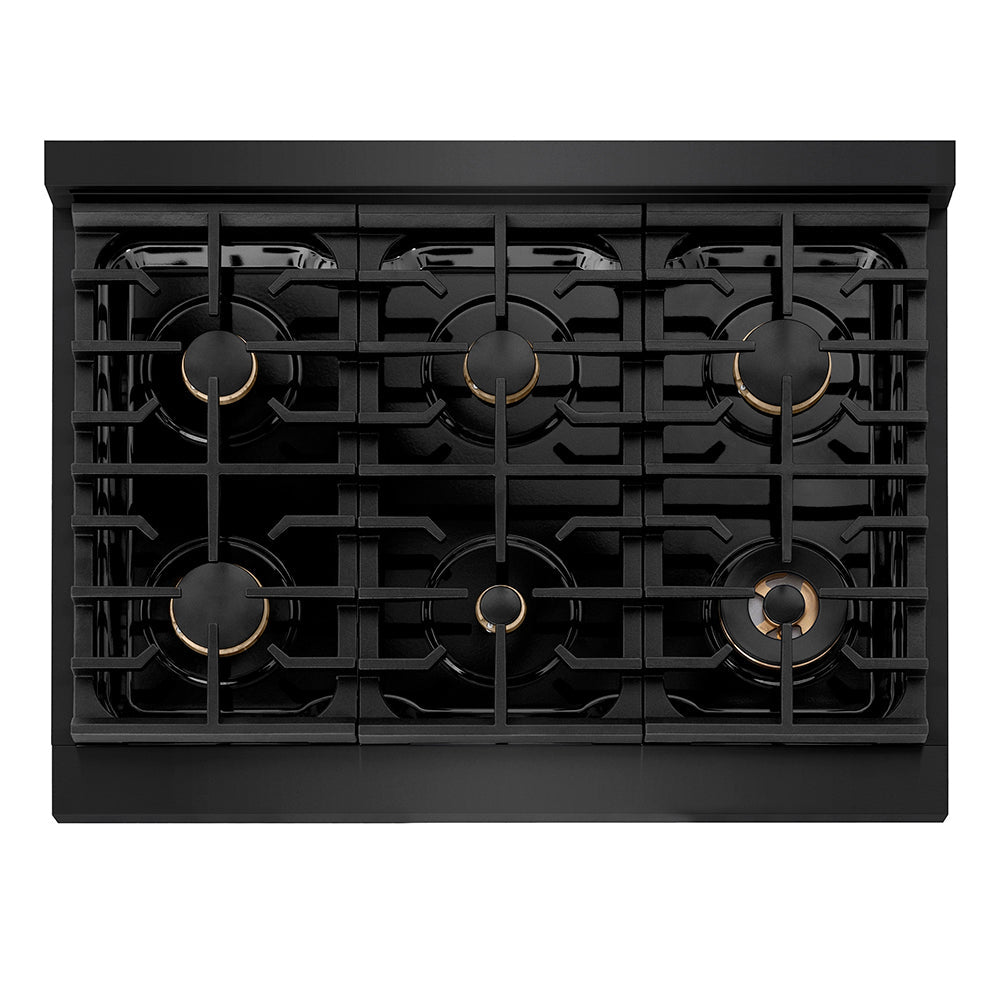 ZLINE Autograph Edition 36 in. 5.2 cu. ft. Paramount Dual Fuel Range with 6 Burner Gas Cooktop and Electric Convection Oven in Black Stainless Steel with Polished Gold Helix Handle and Knob Accents (SDRBZ-36-KG)