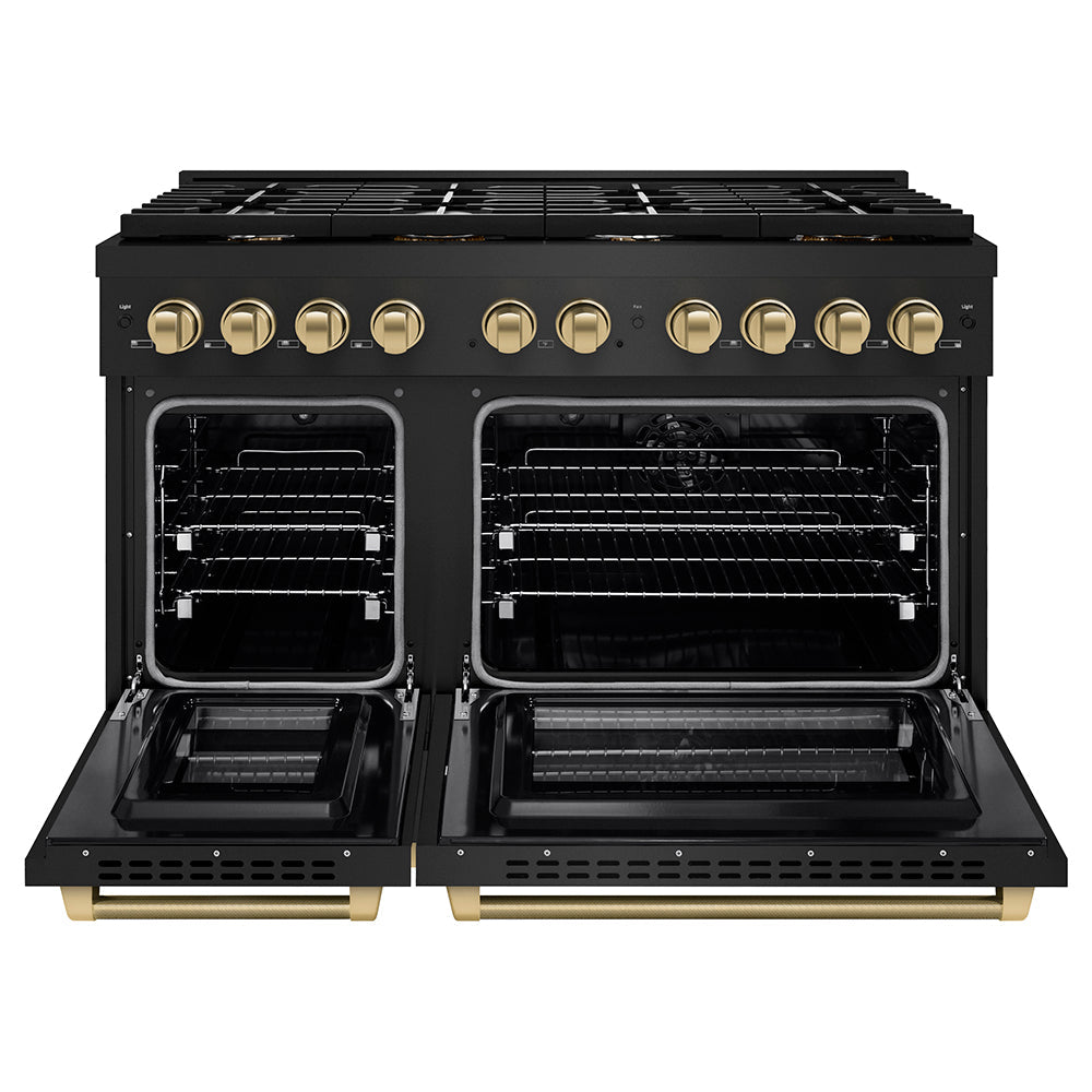 ZLINE Autograph Edition 48 in. 6.7 cu. ft. Paramount Double Oven Dual Fuel Range with 8 Burner Gas Cooktop in Black Stainless Steel and Champagne Bronze Helix Handles and Knob Accents (SDRBZ-48-KCB)