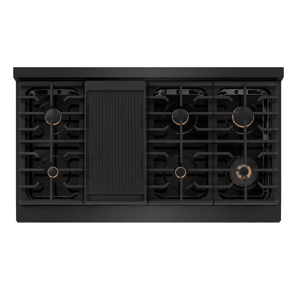 ZLINE Autograph Edition 48 in. 6.7 cu. ft. Paramount Double Oven Dual Fuel Range with 8 Burner Gas Cooktop in Black Stainless Steel and Champagne Bronze Helix Handles and Knob Accents (SDRBZ-48-KCB)