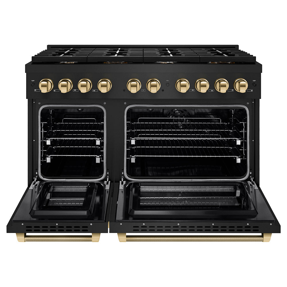 ZLINE Autograph Edition 48 in. 6.7 cu. ft. Paramount Double Oven Dual Fuel Range with 8 Burner Gas Cooktop in Black Stainless Steel and Polished Gold Helix Handles and Knob Accents (SDRBZ-48-KG)