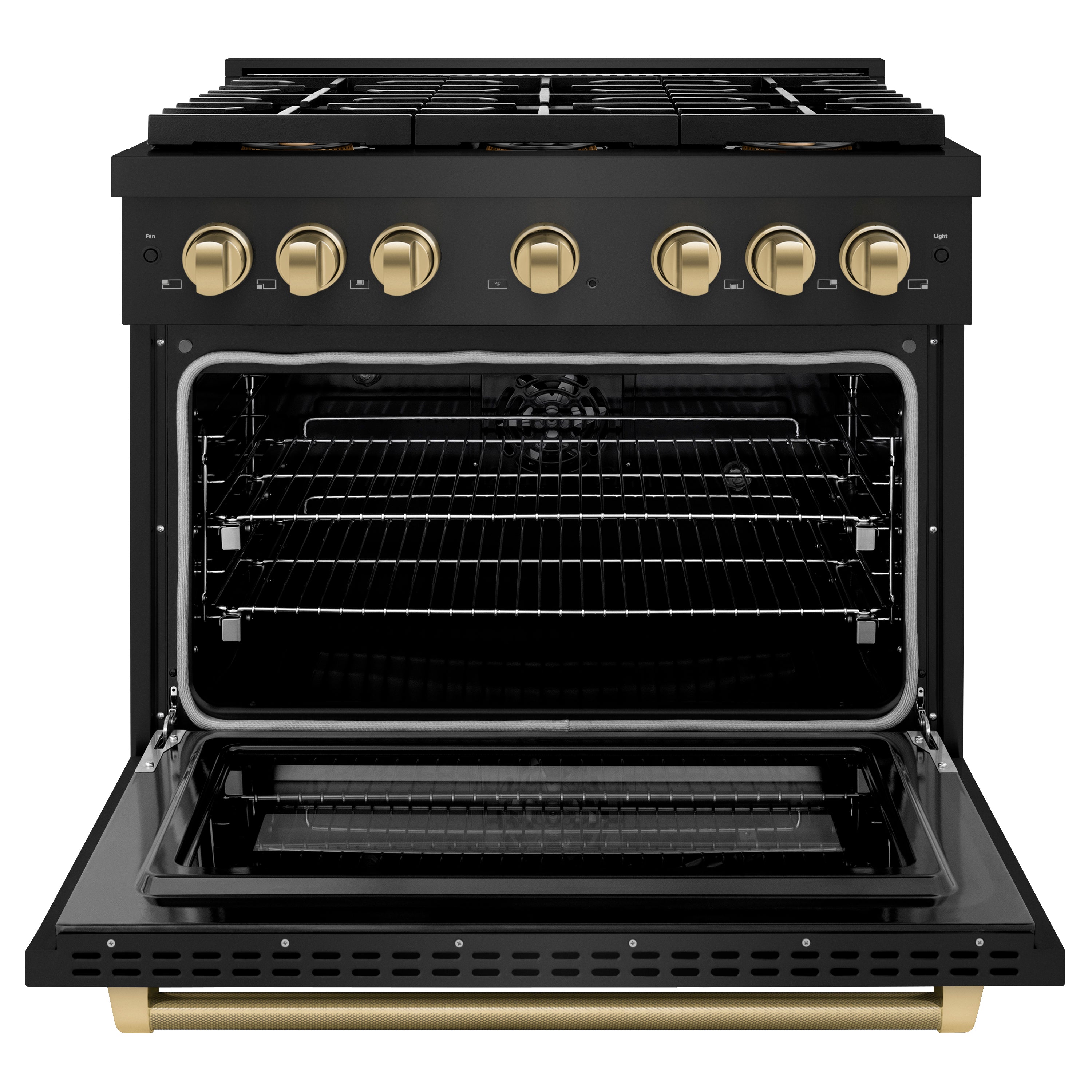 ZLINE Autograph Edition 36 in. 5.2 cu. ft. Paramount Dual Fuel Range with 6 Burner DuoPro™ Cooktop and Electric Convection Oven in Black Stainless Steel with Champagne Bronze Helix Handle and Accents (PSDRBZ-36-KCB)
