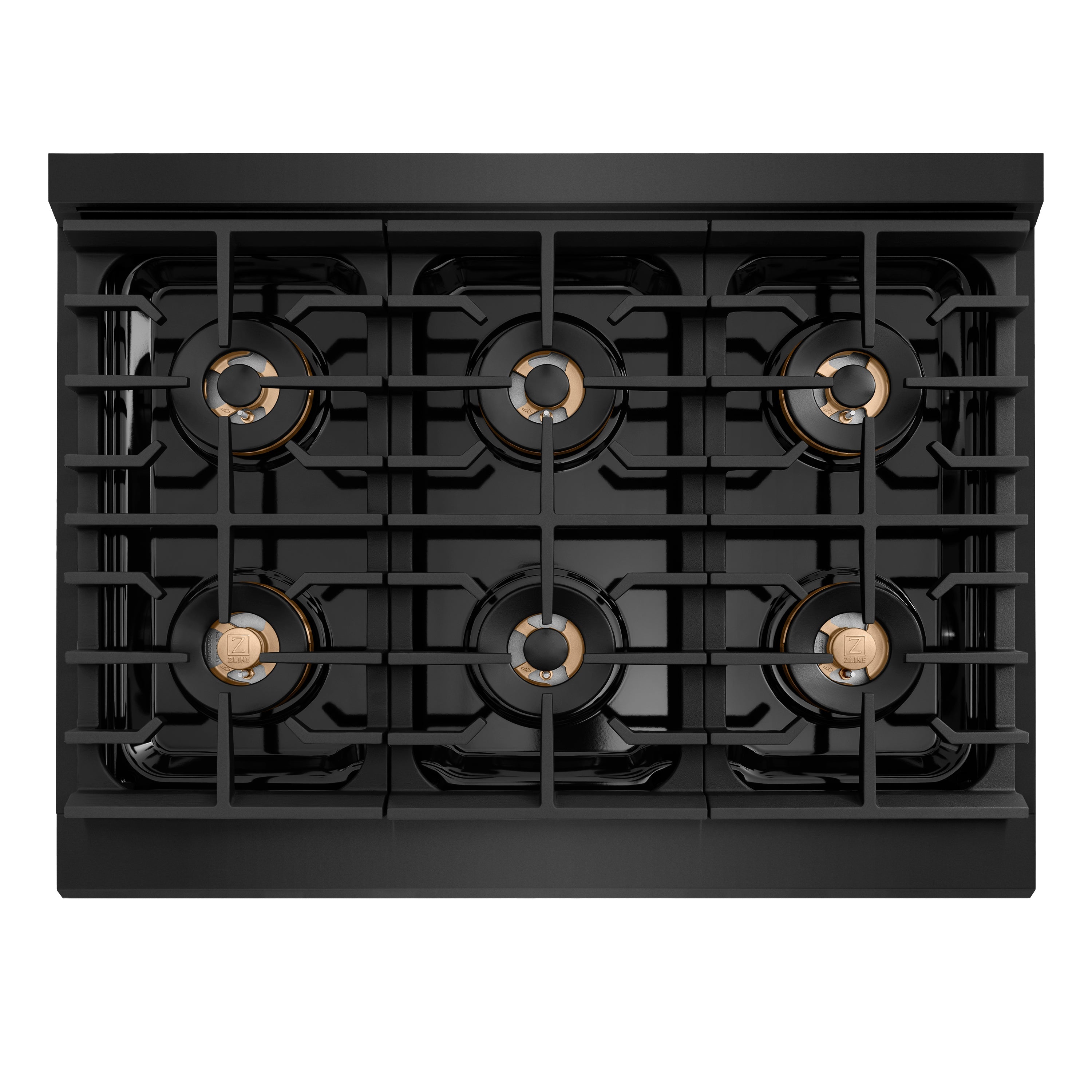 ZLINE Autograph Edition 36 in. 5.2 cu. ft. Paramount Dual Fuel Range with 6 Burner DuoPro™ Cooktop and Electric Convection Oven in Black Stainless Steel with Champagne Bronze Helix Handle and Accents (PSDRBZ-36-KCB)