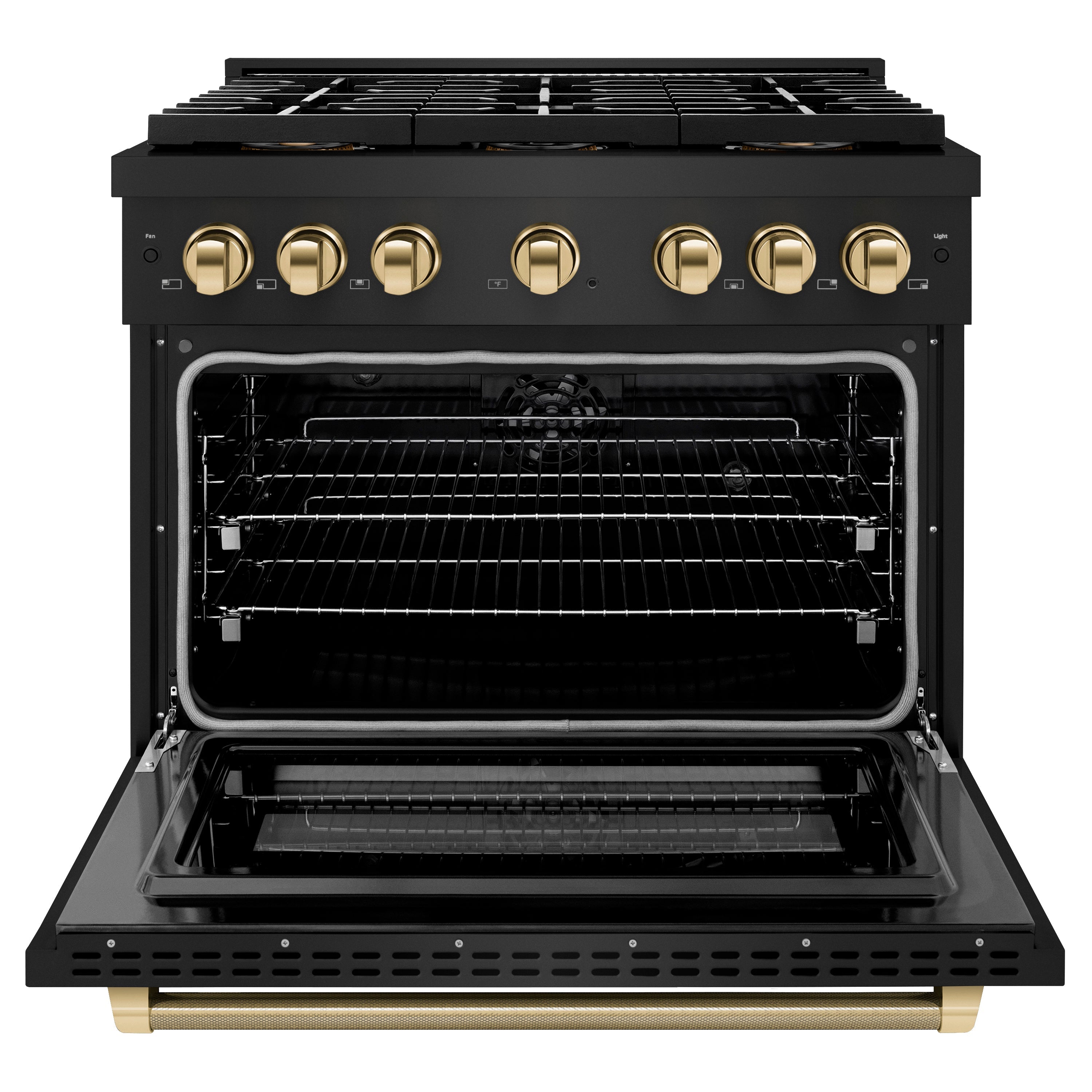 ZLINE Autograph Edition 36 in. 5.2 cu. ft. Paramount Dual Fuel Range with 6 Burner DuoPro™ Cooktop and Electric Convection Oven in Black Stainless Steel with Polished Gold Helix Handle and Accents (PSDRBZ-36-KG)