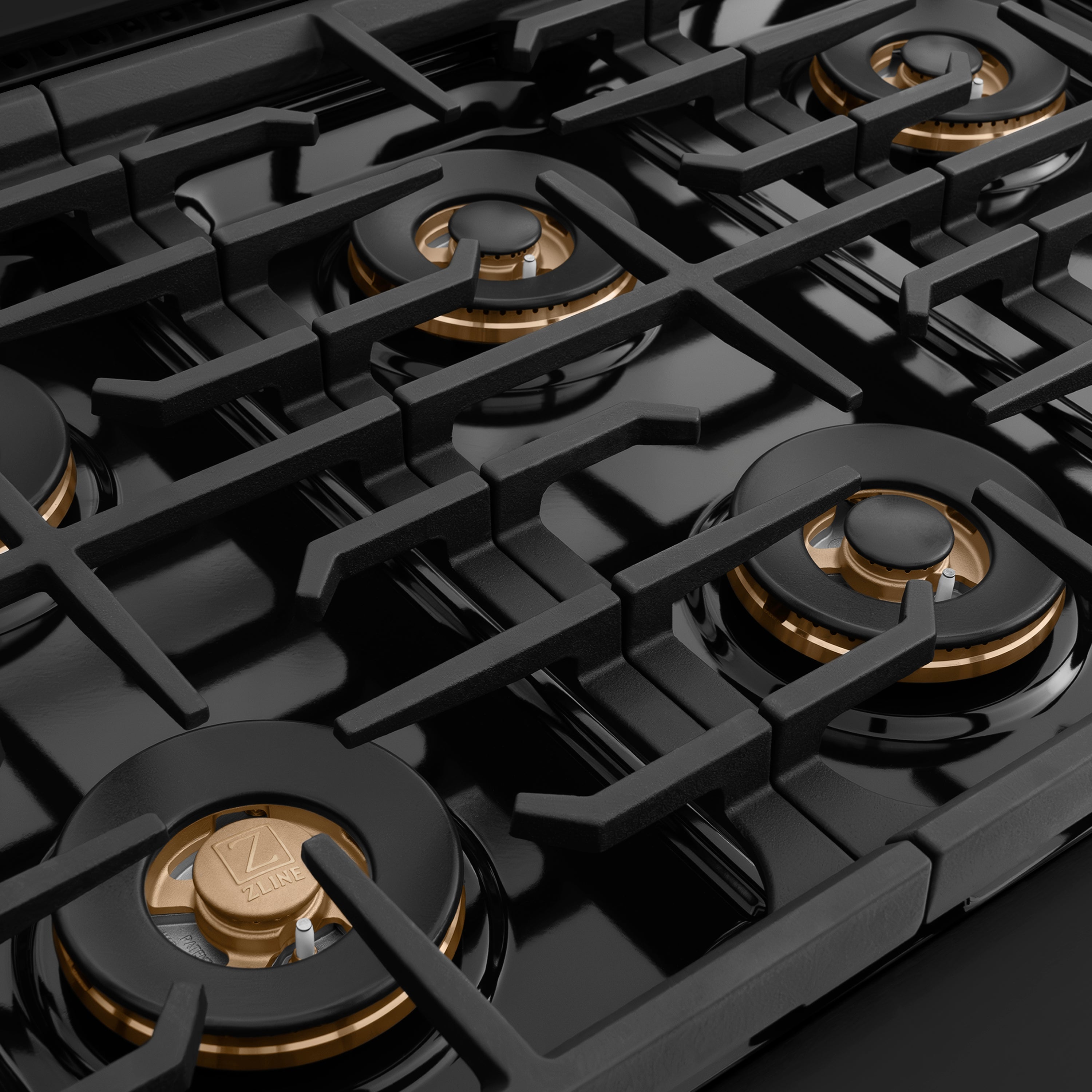 ZLINE Autograph Edition 48 in. 6.7 cu. ft. Paramount Dual Fuel Range with 8 Burner DuoPro™ Cooktop and Dual Ovens in Black Stainless Steel with Champagne Bronze Helix Handles and Accents (PSDRBZ-48-KCB)