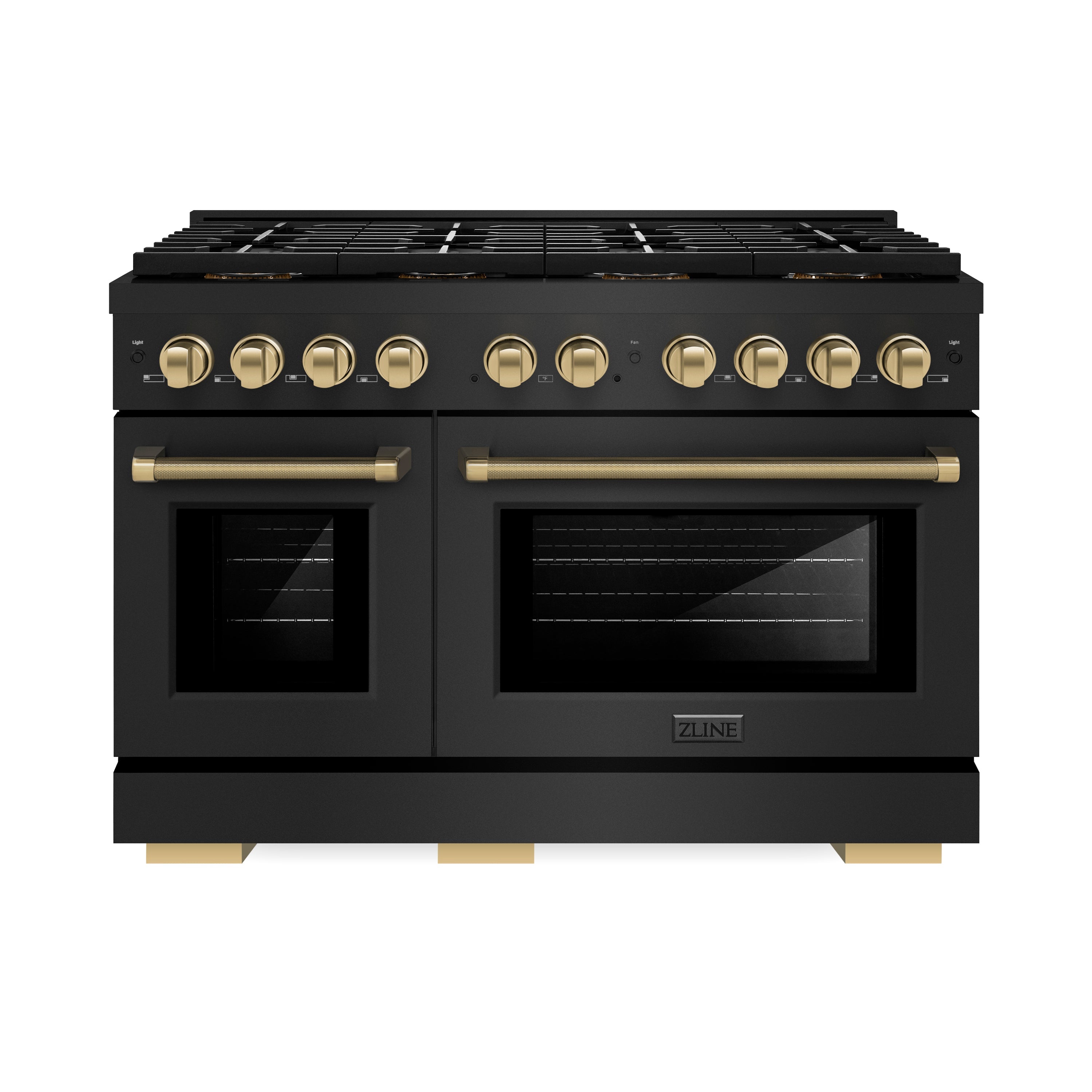 ZLINE Autograph Edition 48 in. 6.7 cu. ft. Paramount Dual Fuel Range with 8 Burner DuoPro™ Cooktop and Dual Ovens in Black Stainless Steel with Champagne Bronze Helix Handles and Accents (PSDRBZ-48-KCB)