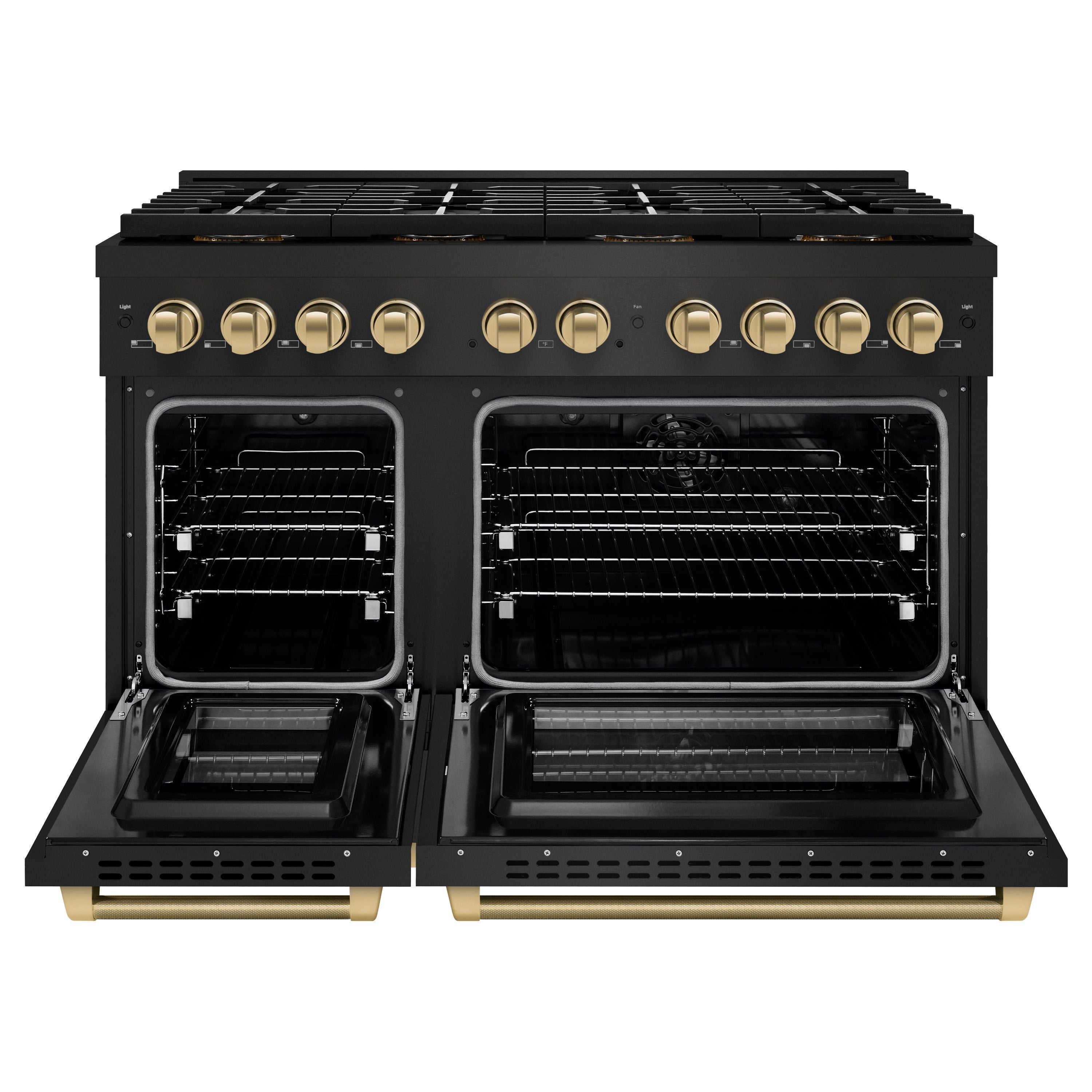 ZLINE Autograph Edition 48 in. 6.7 cu. ft. Paramount Dual Fuel Range with 8 Burner DuoPro™ Cooktop and Dual Ovens in Black Stainless Steel with Champagne Bronze Helix Handles and Accents (PSDRBZ-48-KCB)