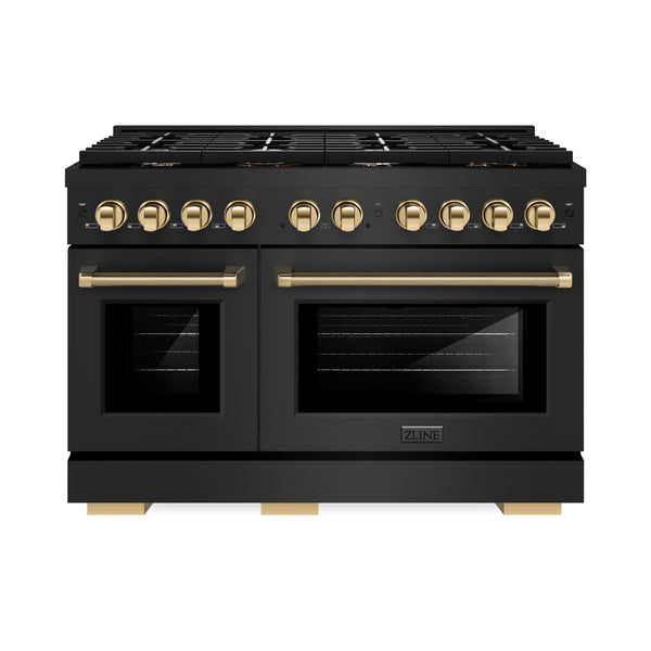 ZLINE Autograph Edition 48 in. 6.7 cu. ft. Paramount Dual Fuel Range with 8 Burner DuoPro™ Cooktop and Dual Ovens in Black Stainless Steel with Polished Gold Helix Handles and Accents (PSDRBZ-48-KG)