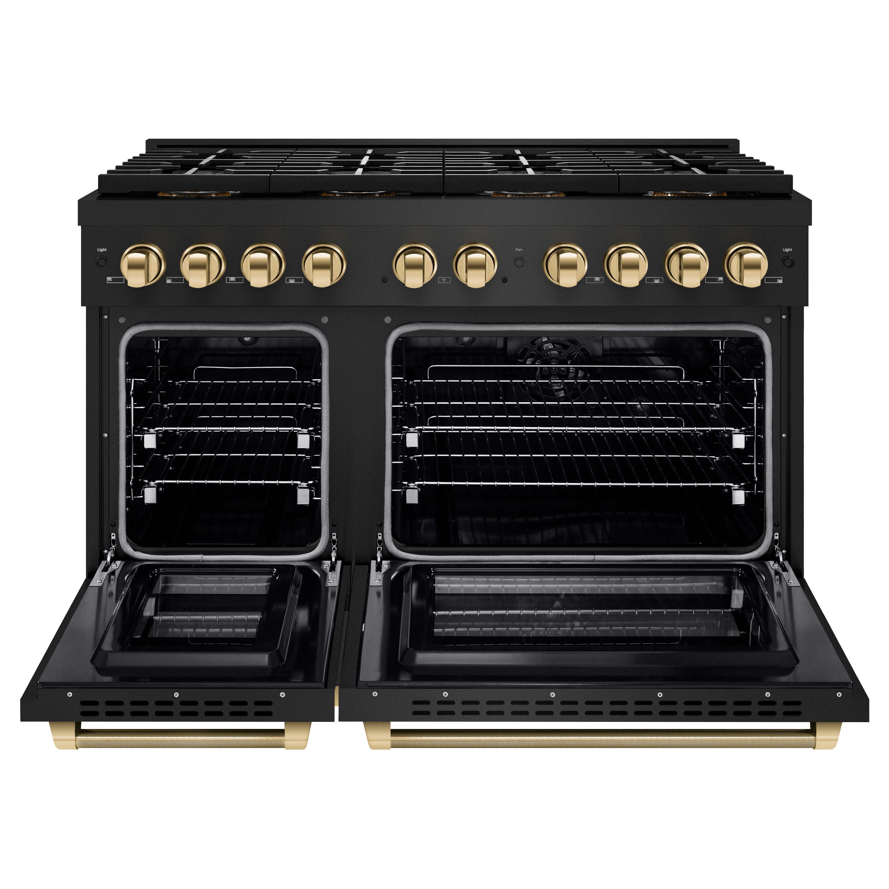 ZLINE Autograph Edition 48 in. 6.7 cu. ft. Paramount Dual Fuel Range with 8 Burner DuoPro™ Cooktop and Dual Ovens in Black Stainless Steel with Polished Gold Helix Handles and Accents (PSDRBZ-48-KG)