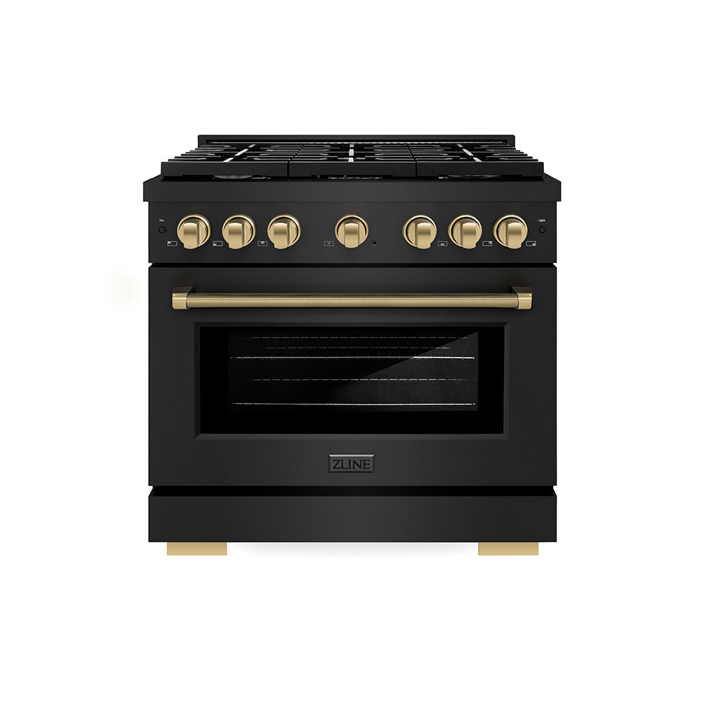 ZLINE Autograph Edition 36 in. 5.2 cu. ft. Paramount Gas Range with 6 Burner Cooktop and Convection Gas Oven in Black Stainless Steel with Champagne Bronze Helix Handle and Knob Accents (SGRBZ-36-KCB)