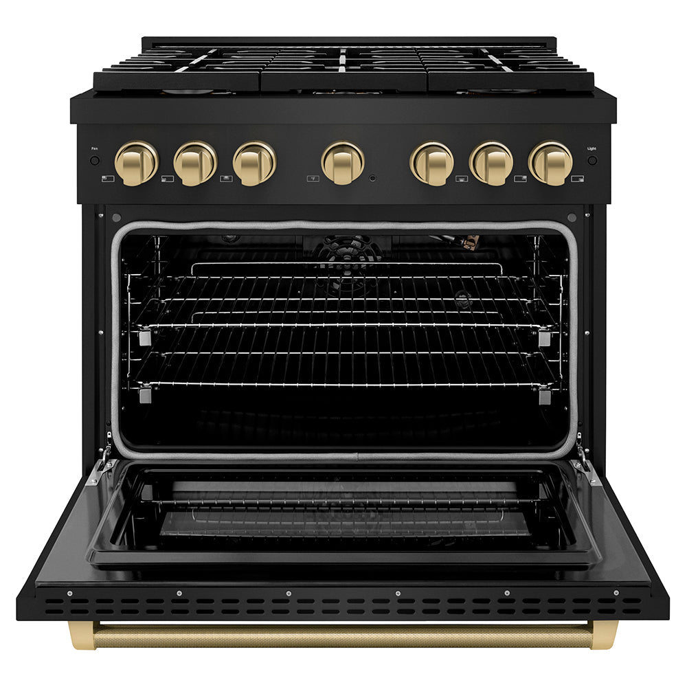 ZLINE Autograph Edition 36 in. 5.2 cu. ft. Paramount Gas Range with 6 Burner Cooktop and Convection Gas Oven in Black Stainless Steel with Champagne Bronze Helix Handle and Knob Accents (SGRBZ-36-KCB)