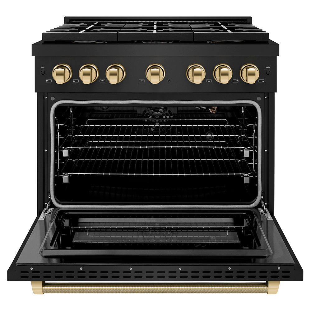 ZLINE Autograph Edition 36 in. 5.2 cu. ft. Paramount Gas Range with 6 Burner Cooktop and Convection Gas Oven in Black Stainless Steel with Polished Gold Helix Handle and Knob Accents (SGRBZ-36-KG)