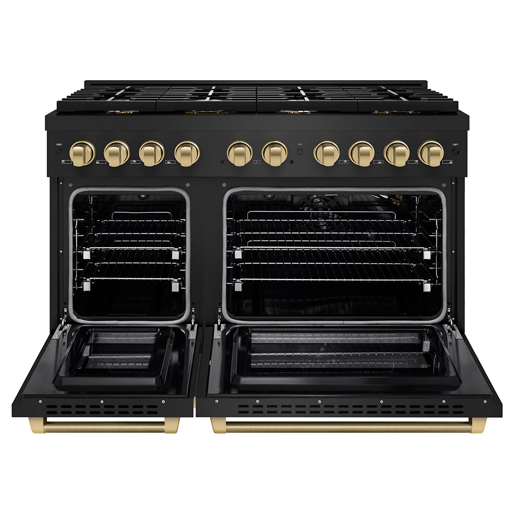 ZLINE Autograph Edition 48 in. 6.7 cu. ft. Paramount Double Oven Gas Range with 8 Burner Cooktop in Black Stainless Steel and Champagne Bronze Helix Handles and Knob Accents (SGRBZ-48-KCB)