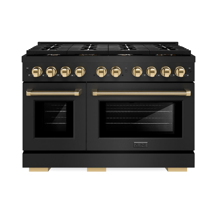 ZLINE Autograph Edition 48 in. 6.7 cu. ft. Paramount Double Oven Gas Range with 8 Burner Cooktop in Black Stainless Steel and Polished Gold Helix Handles and Knob Accents (SGRBZ-48-KG)