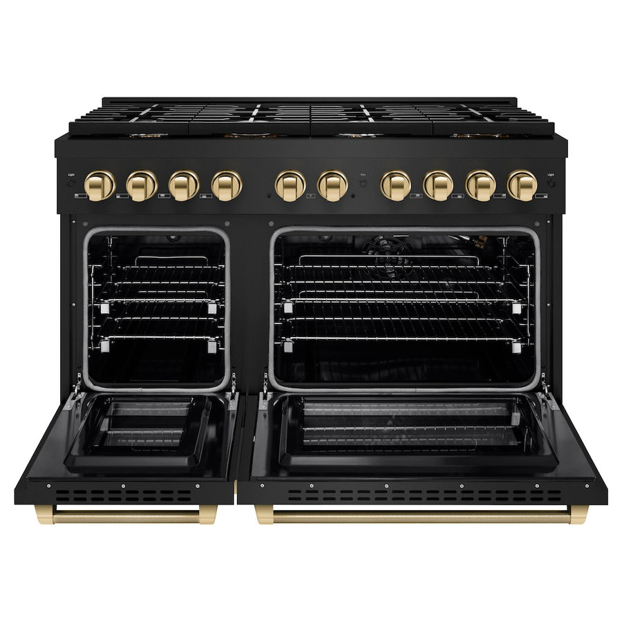 ZLINE Autograph Edition 48 in. 6.7 cu. ft. Paramount Double Oven Gas Range with 8 Burner Cooktop in Black Stainless Steel and Polished Gold Helix Handles and Knob Accents (SGRBZ-48-KG)