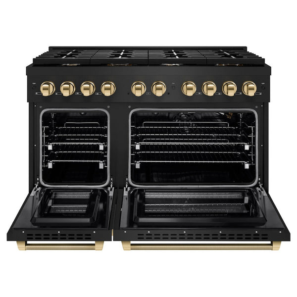 ZLINE Autograph Edition 48 in. 6.7 cu. ft. Paramount Double Oven Gas Range with 8 Burner Cooktop in Black Stainless Steel and Polished Gold Helix Handles and Knob Accents (SGRBZ-48-KG)