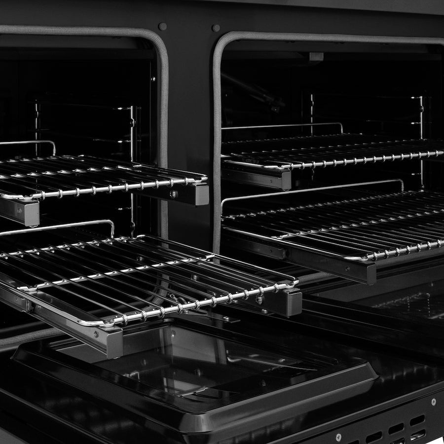 ZLINE Autograph Edition 48 in. 6.7 cu. ft. Paramount Double Oven Gas Range with 8 Burner Cooktop in Black Stainless Steel and Polished Gold Helix Handles and Knob Accents (SGRBZ-48-KG)