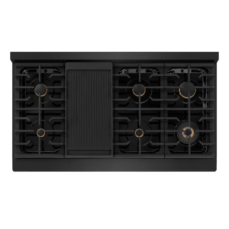 ZLINE Autograph Edition 48 in. 6.7 cu. ft. Paramount Double Oven Gas Range with 8 Burner Cooktop in Black Stainless Steel and Polished Gold Helix Handles and Knob Accents (SGRBZ-48-KG)