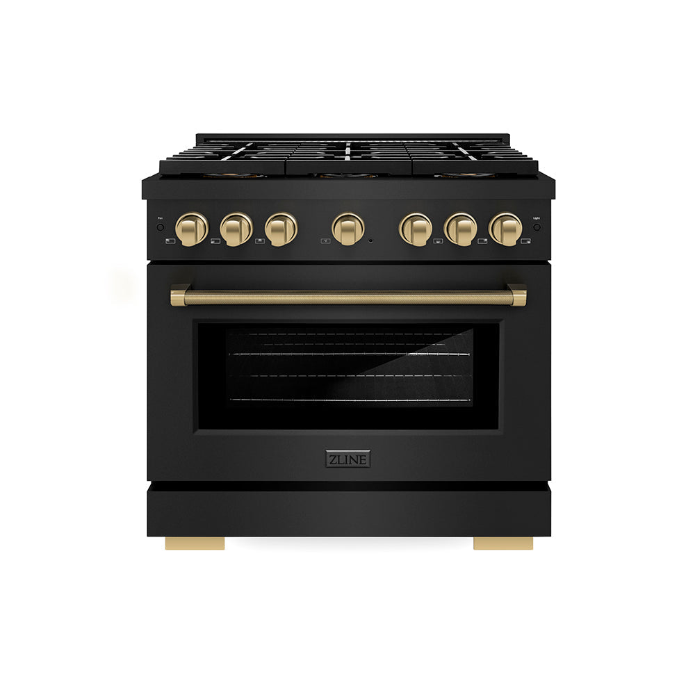 ZLINE Autograph Edition 36 in. 5.2 cu. ft. Paramount Gas Range with 6 Burner DuoPro™ Cooktop and Convection Gas Oven in Black Stainless Steel with Champagne Bronze Helix Handle and Accents (PSGRBZ-36-KCB)